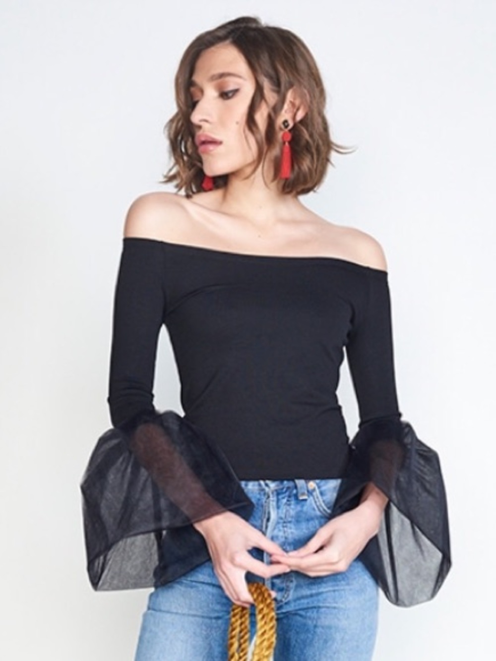 NWT STAUD Franco Black Off-Shoulder Top with Sheer Tulle Bell Sleeves Medium